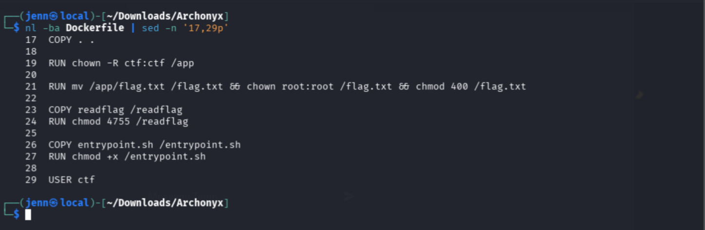 Dockerfile showing setuid readflag helper and root-only flag